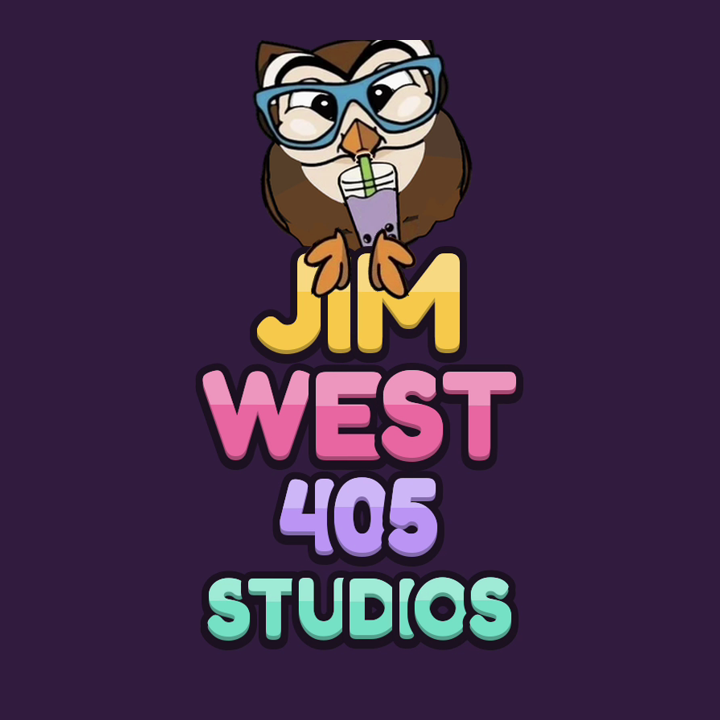 Jim West 405 Studios: an owl in blue glasses sipping boba above the studio wordmark